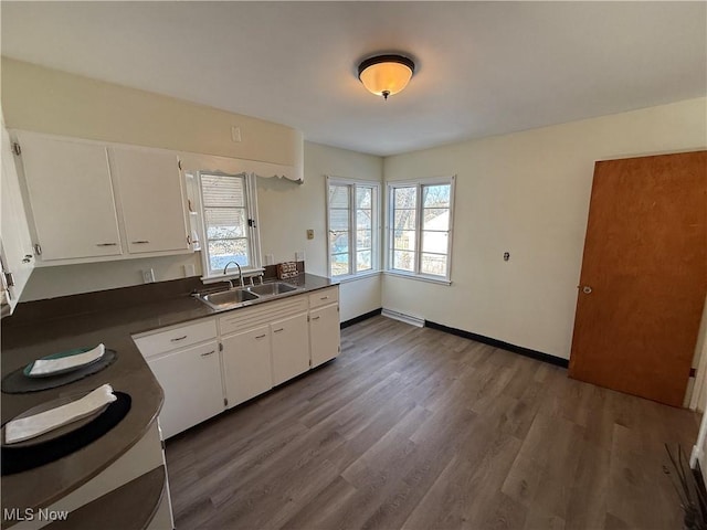 kitchen featuring dark wood-type flooring, sink, and white cabinetry