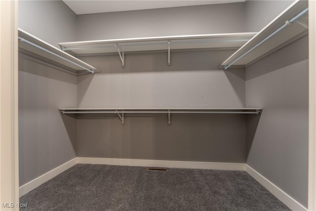 walk in closet featuring dark colored carpet