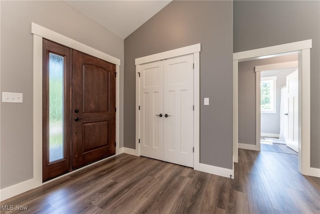 entrance foyer featuring dark hardwood / wood-style floors and vaulted ceiling