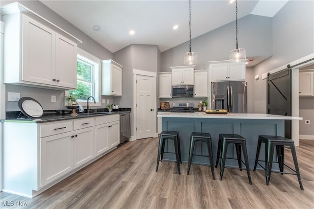 kitchen with white cabinetry, sink, stainless steel appliances, a barn door, and pendant lighting