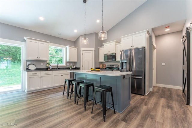 kitchen featuring pendant lighting, white cabinets, sink, dark hardwood / wood-style flooring, and stainless steel appliances