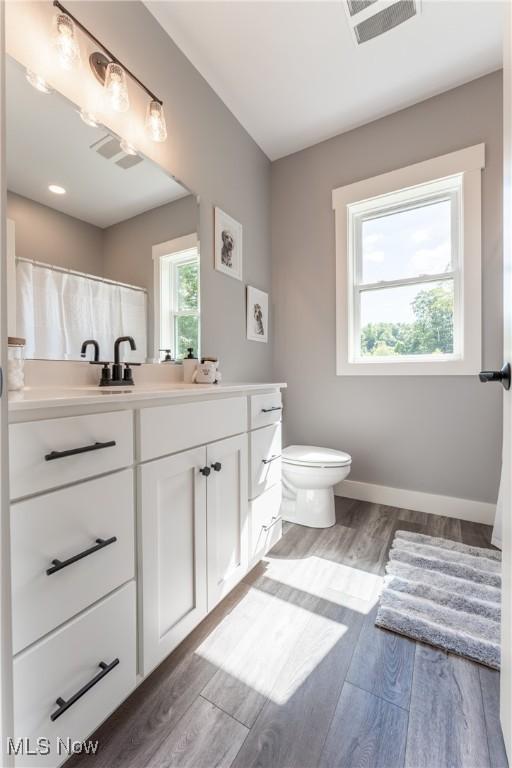 bathroom with vanity, toilet, and wood-type flooring