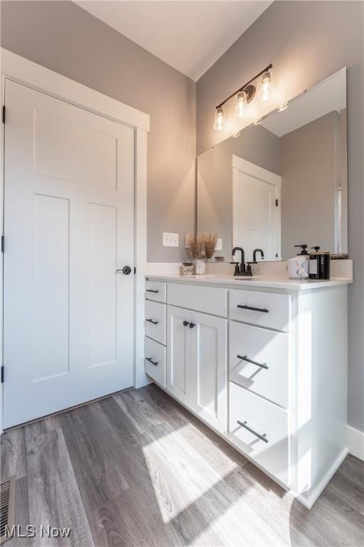 bathroom featuring vanity and wood-type flooring