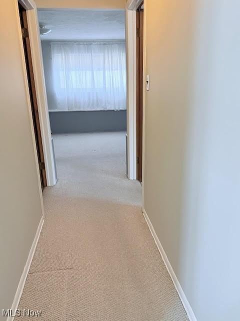 hallway featuring light colored carpet