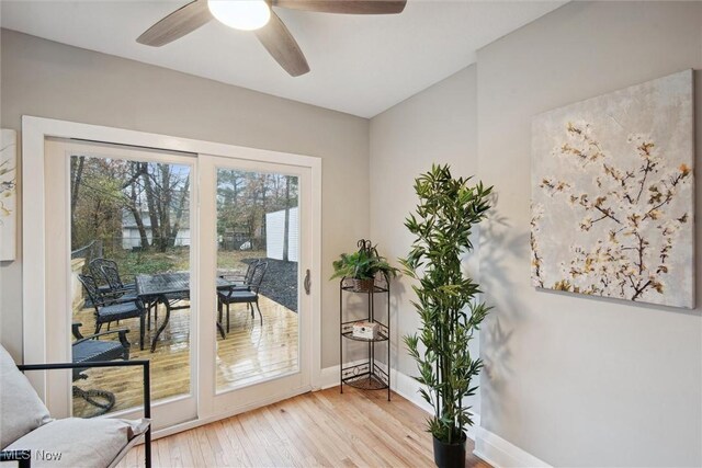 entryway with ceiling fan and light wood-type flooring