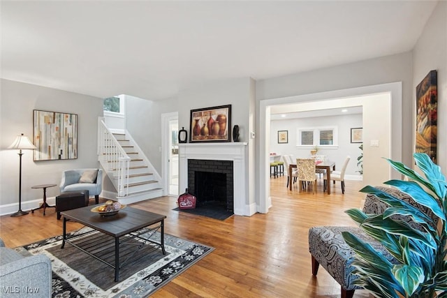 living room with a fireplace and wood-type flooring