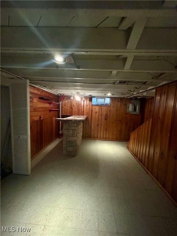 basement featuring wooden walls