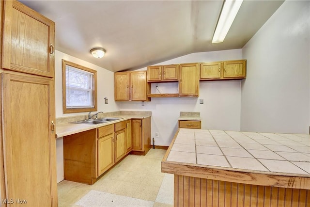 kitchen featuring lofted ceiling and sink