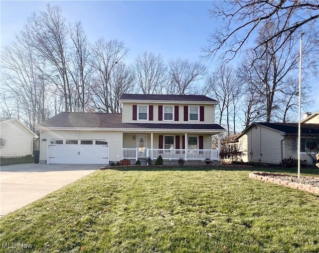 view of front facade with a front yard, a porch, a garage, and a carport