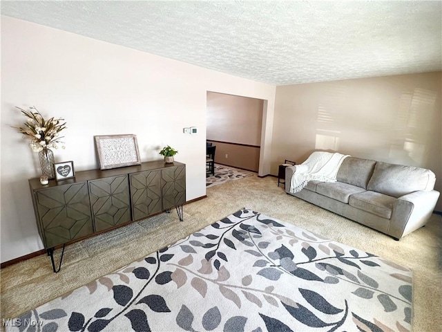 living room featuring carpet floors and a textured ceiling