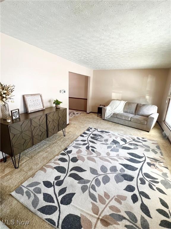 living room featuring carpet and a textured ceiling