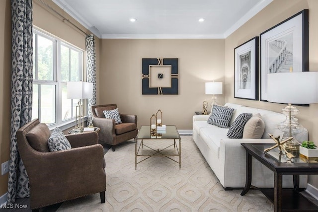 living room featuring light carpet and ornamental molding