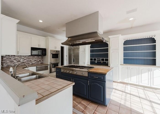 kitchen with backsplash, white cabinets, sink, blue cabinetry, and stainless steel appliances