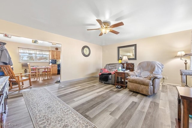 living room featuring ceiling fan and light hardwood / wood-style flooring