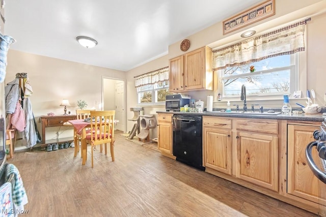 kitchen featuring light brown cabinetry, dishwasher, light hardwood / wood-style floors, and sink