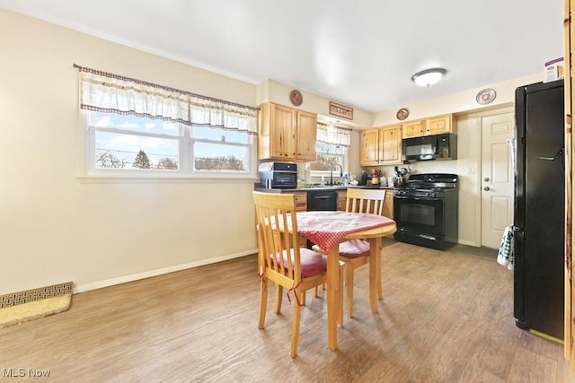 kitchen with light brown cabinetry, light hardwood / wood-style flooring, black appliances, and sink