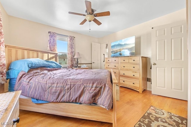 bedroom with light hardwood / wood-style flooring and ceiling fan