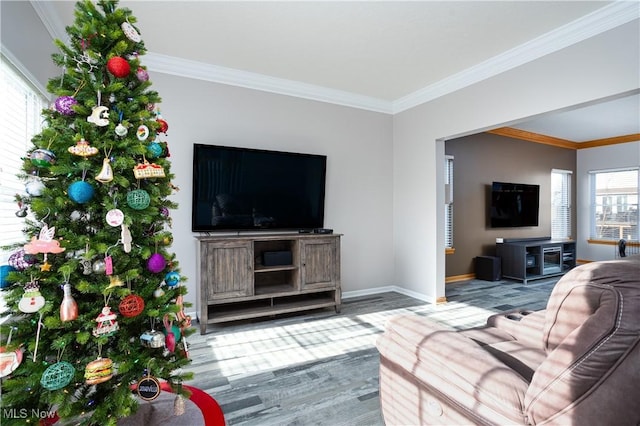 living room featuring crown molding, a healthy amount of sunlight, and hardwood / wood-style flooring