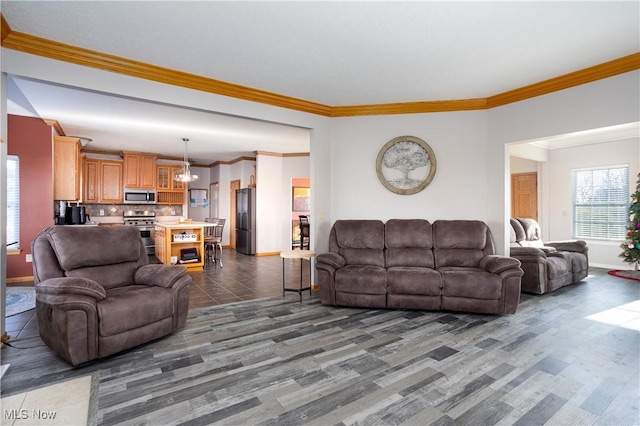 living room with dark hardwood / wood-style floors and crown molding