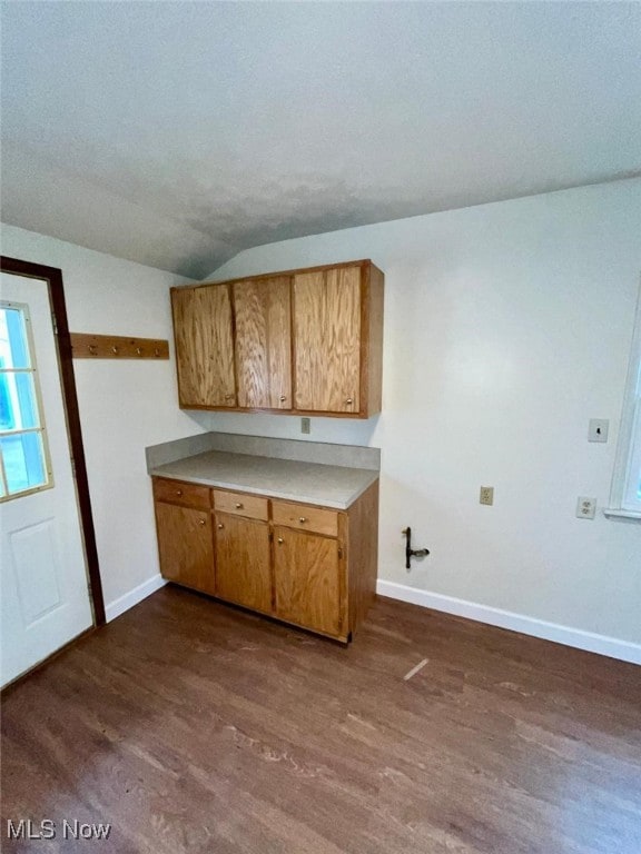 kitchen featuring dark hardwood / wood-style floors and vaulted ceiling