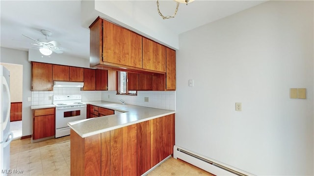 kitchen featuring kitchen peninsula, decorative backsplash, ceiling fan, a baseboard radiator, and white range with electric cooktop