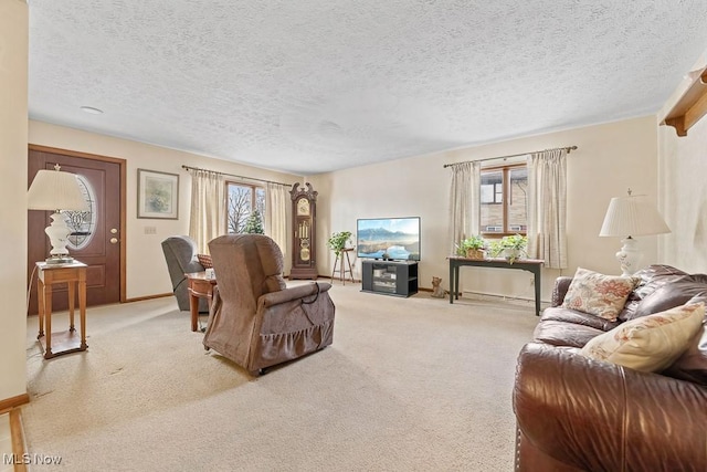 living room featuring a textured ceiling and light colored carpet