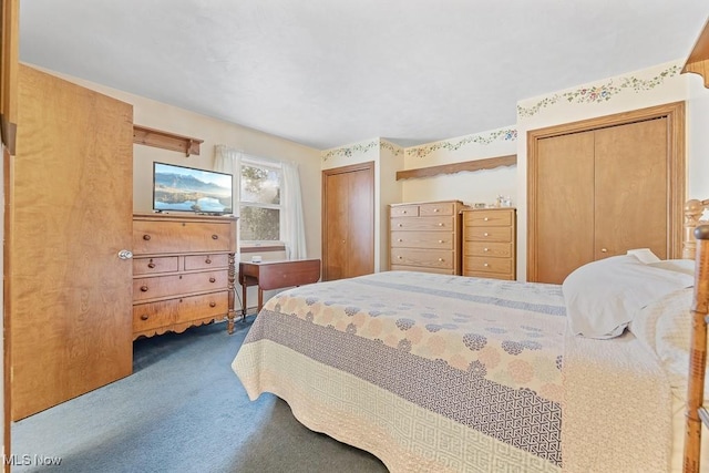 bedroom featuring dark colored carpet and multiple closets