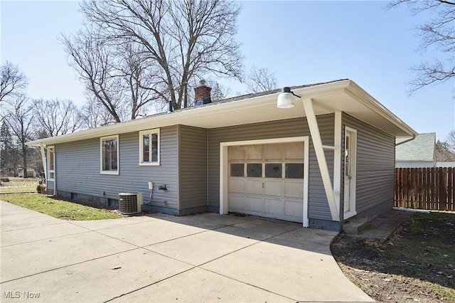 view of property exterior with fence, central air condition unit, a chimney, driveway, and an attached garage