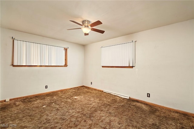 unfurnished room featuring carpet flooring, baseboards, ceiling fan, and a baseboard radiator