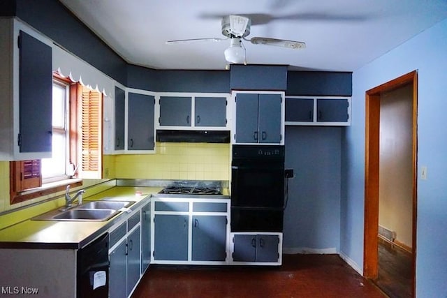 kitchen with decorative backsplash, sink, ceiling fan, and black appliances