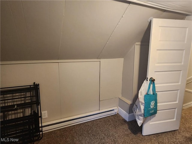 bonus room with carpet, baseboard heating, and vaulted ceiling