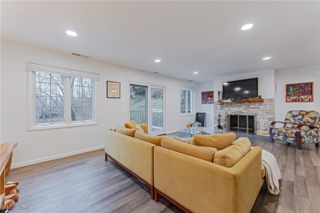 living room with a stone fireplace and hardwood / wood-style floors