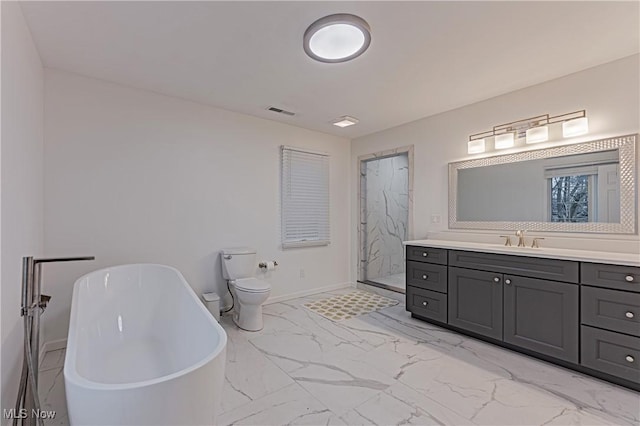 full bathroom with separate shower and tub, vanity, and toilet