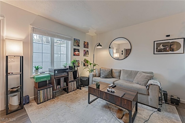 living room with wood-type flooring and a textured ceiling