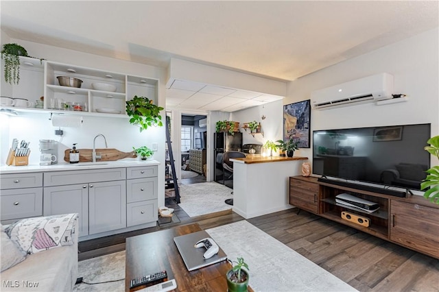 living room featuring an AC wall unit, dark hardwood / wood-style flooring, and sink