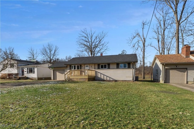 single story home with a deck and a front lawn