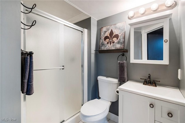full bath featuring toilet, vanity, and a shower stall