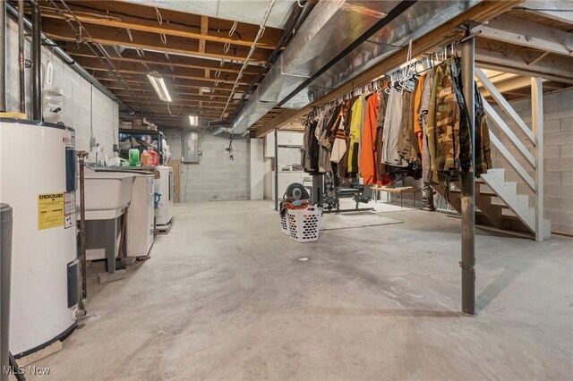 basement featuring washer / dryer, electric water heater, and electric panel