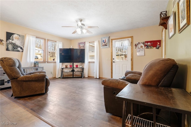 living room featuring ceiling fan, a textured ceiling, and hardwood / wood-style flooring