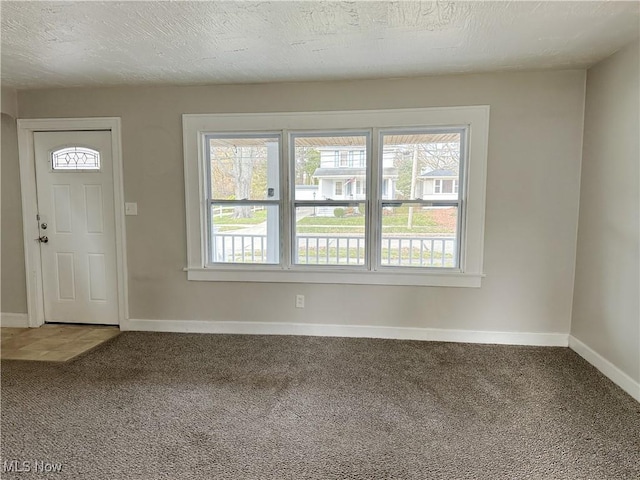 carpeted entrance foyer featuring a textured ceiling and a wealth of natural light