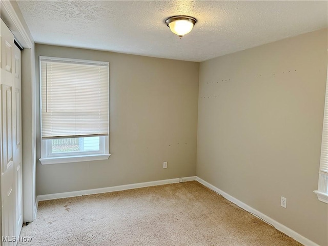 empty room featuring light carpet and a textured ceiling