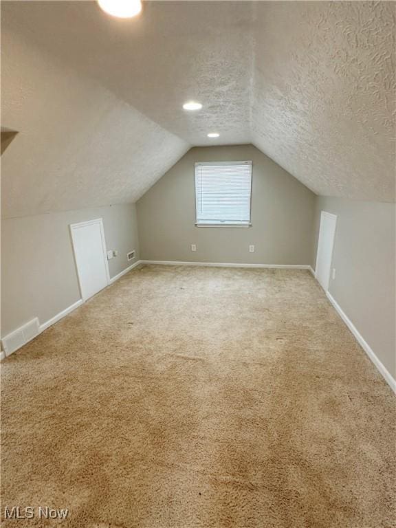 additional living space with a textured ceiling, carpet, and lofted ceiling