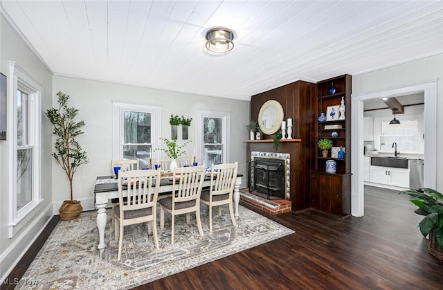 dining room featuring wood ceiling, dark wood-type flooring, and sink