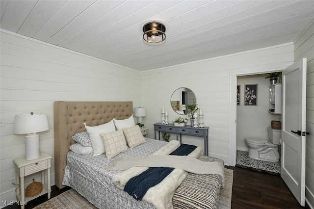 bedroom with wood ceiling and dark wood-type flooring