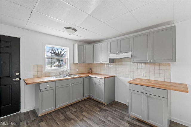 kitchen with gray cabinetry, dark hardwood / wood-style flooring, butcher block counters, and sink