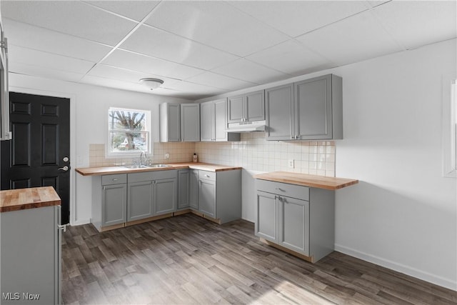 kitchen featuring gray cabinetry, wooden counters, and hardwood / wood-style flooring