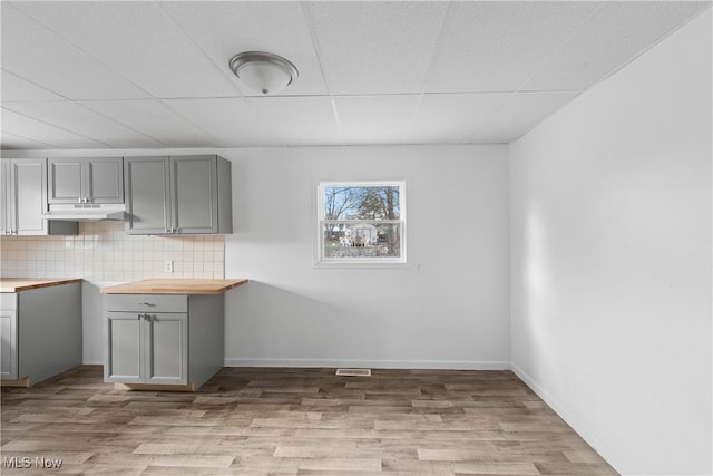 kitchen with decorative backsplash, butcher block countertops, light hardwood / wood-style flooring, and gray cabinetry