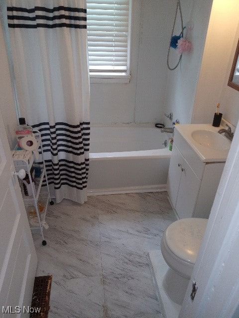 full bathroom with vanity, toilet, and shower / bathtub combination with curtain