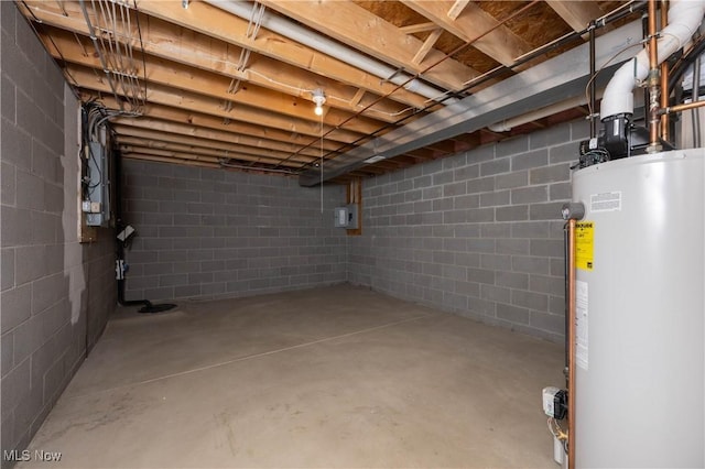 basement with electric panel and water heater