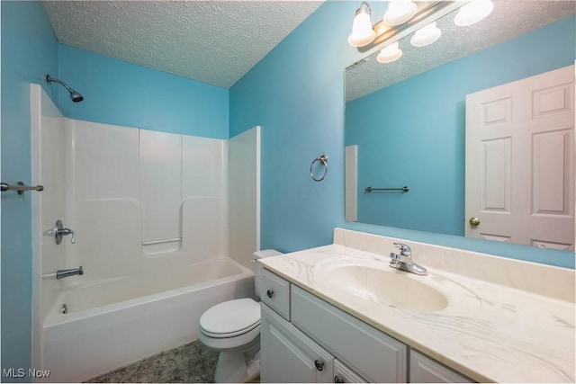 full bathroom with tile patterned flooring, shower / bath combination, a textured ceiling, toilet, and vanity